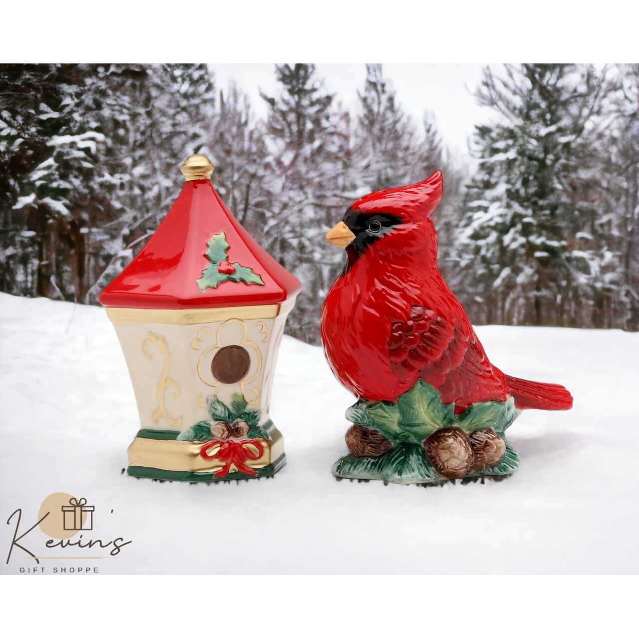 Ceramic Cardinal Bird and Bird House Salt and Pepper Shakers, Kitchen Ornament